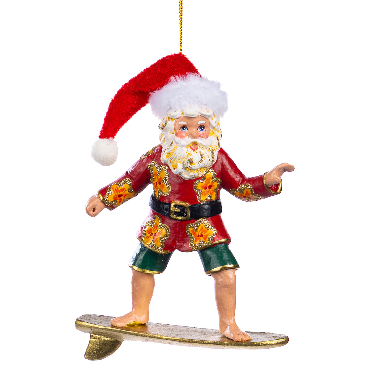 Ornament Moș Crăciun surfer, roșu/verde/auriu, 13 cm