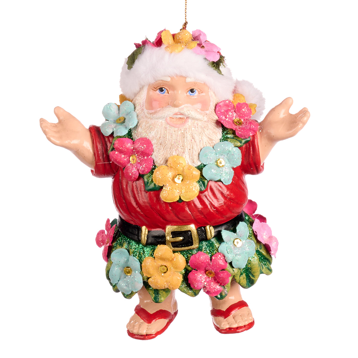 Ornament Moș Crăciun tropical, în ținută hula, roșu/verde/multicolor, 14 cm