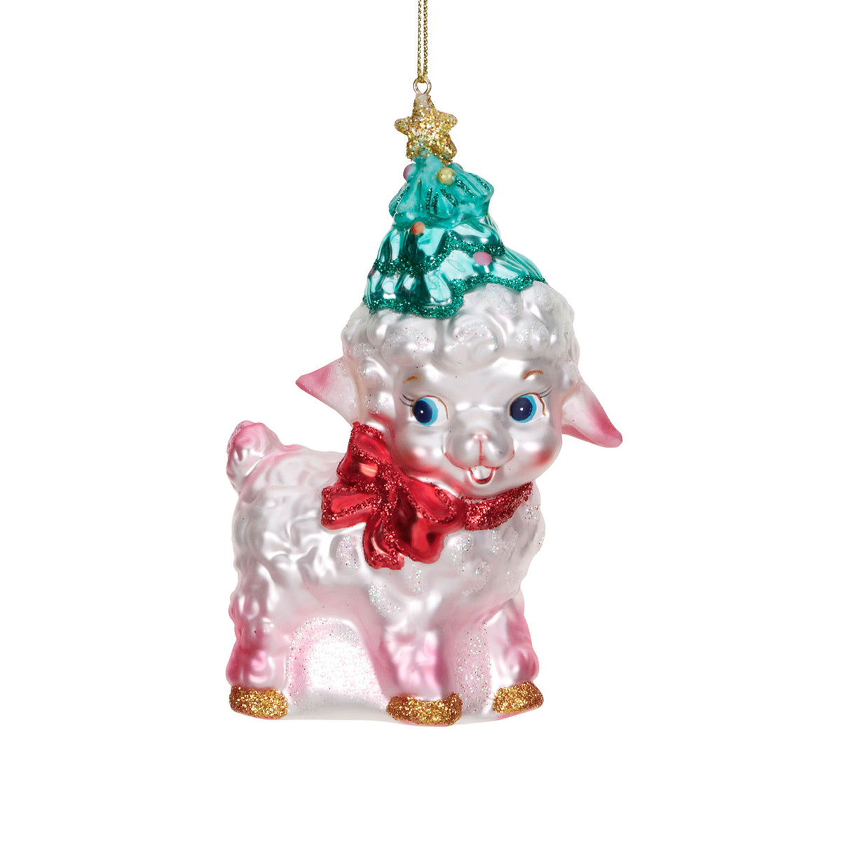 Ornament oaie retro din sticlă, alb/verde/roz, 12,5 cm
