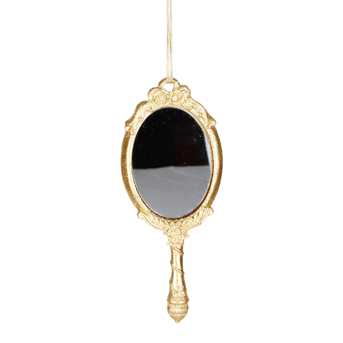 Ornament oglindă de mână elegantă, cu sclipici, auriu, 16,5 cm
