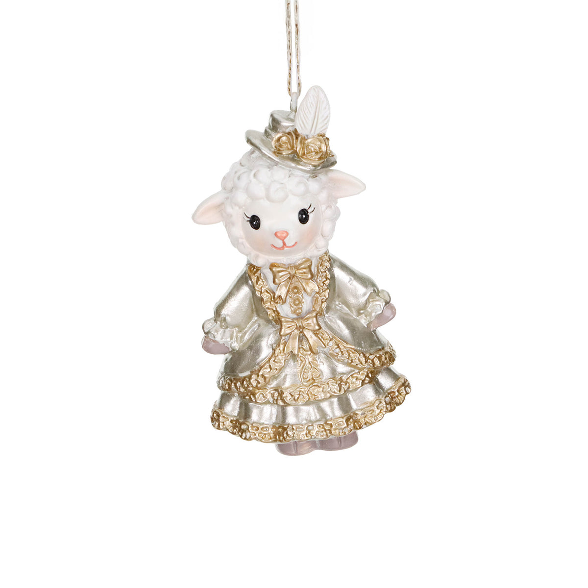 Ornament oiță-doamnă, crem/șampanie/auriu, 9 cm