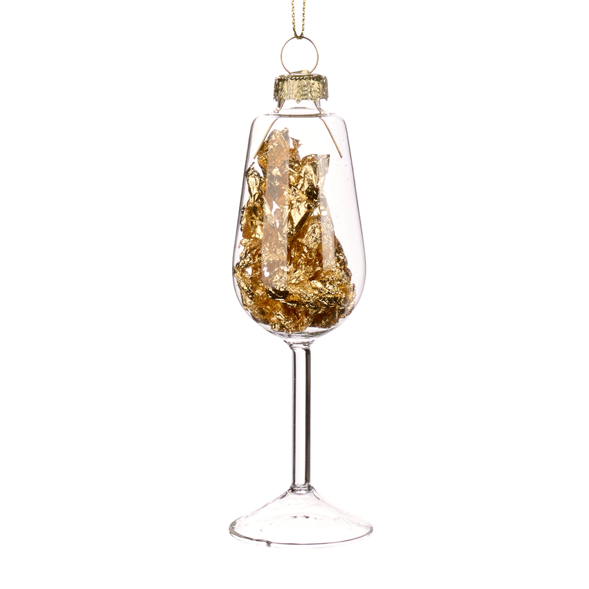 Ornament pahar de șampanie din sticlă cu folie, auriu/transparent, 11 cm