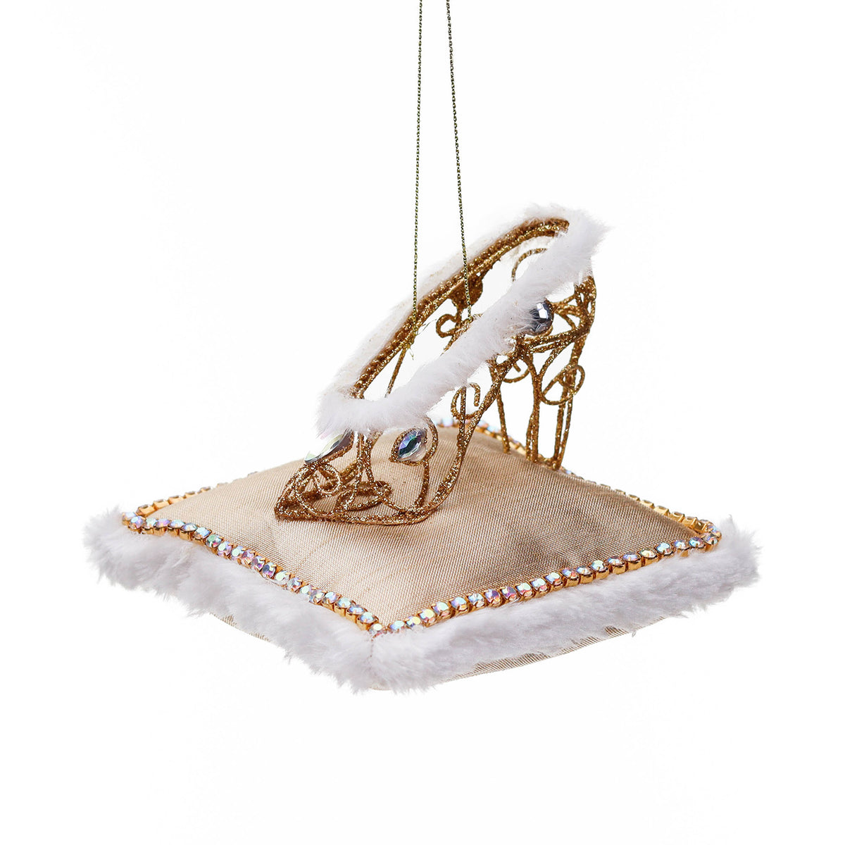 Ornament pantof pe pernă, din sârmă metalică și textil cu pietre, auriu, 11 cm