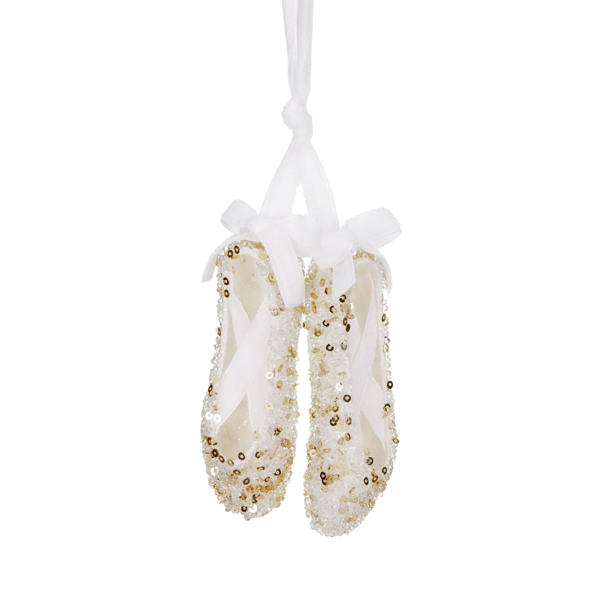 Ornament pantofi de balet cu fundițe și paiete, de agățat, alb/auriu, 12 cm