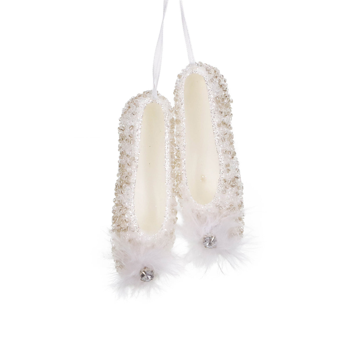 Ornament pantofi de balet cu pene și pietre, de agățat, alb, 11,5 cm