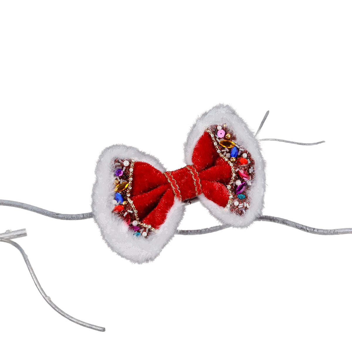 Ornament papion funky de Crăciun din textil, pe clemă, roșu/alb, 20 cm