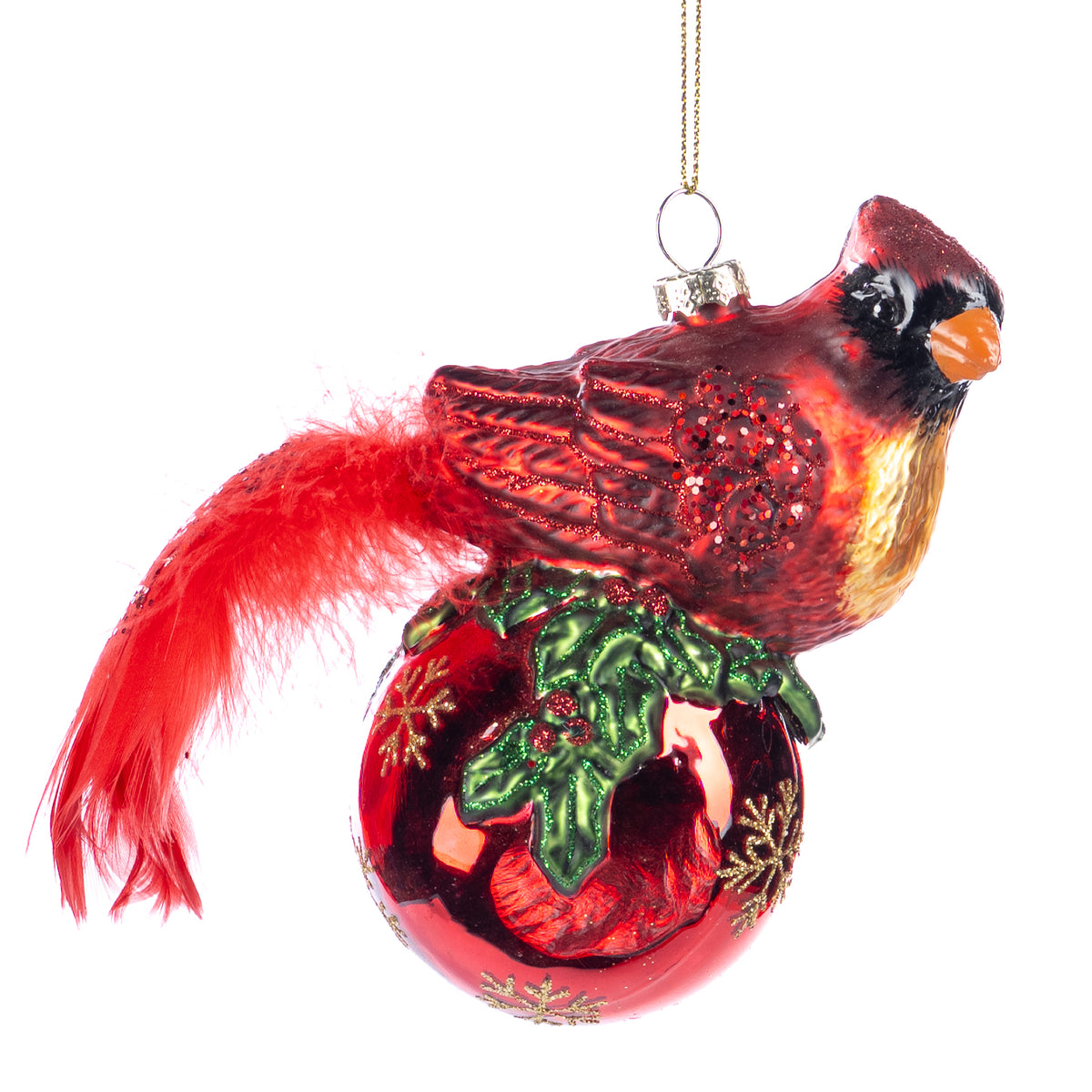 Ornament pasăre cardinal cu pene, pe glob, din sticlă, roșu, 15,5 cm