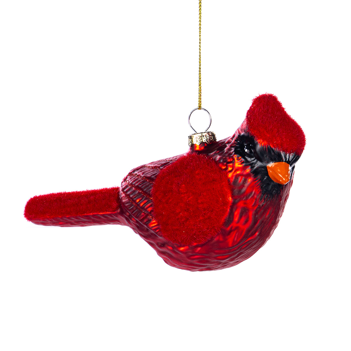 Ornament pasăre cardinal din sticlă, flocat, roșu, 16 cm