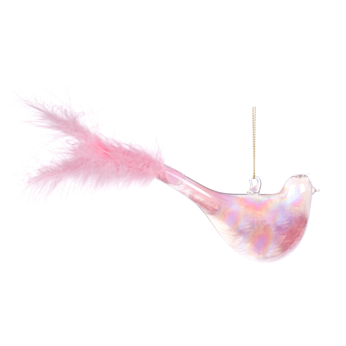 Ornament pasăre cu pene din sticlă irizată, roz/transparent, 11 cm
