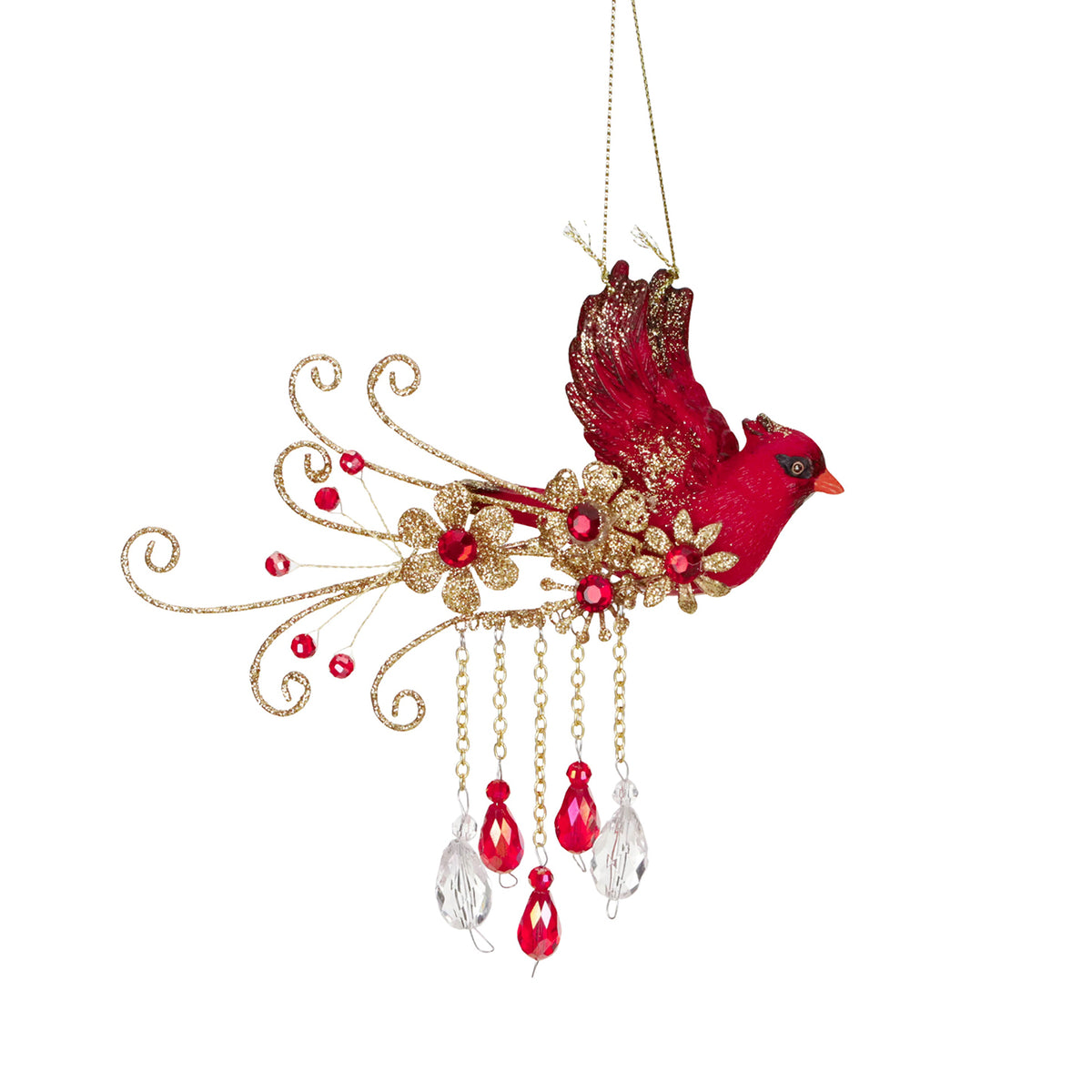 Ornament pasăre din metal cu pietre și pandantive, auriu/roșu, 16 cm
