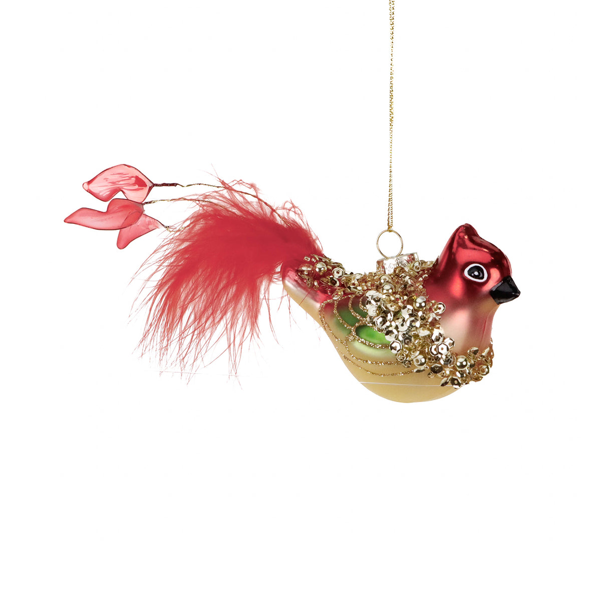 Ornament pasăre din sticlă cu pene, roșu/verde/auriu, 26,5 cm