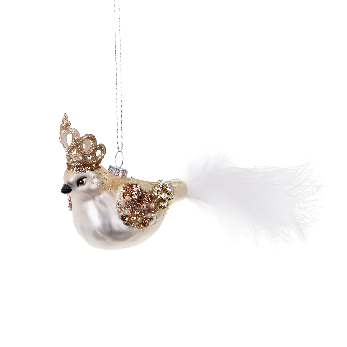 Ornament pasăre din sticlă cu pietre și coroană, crem/auriu, 20 cm