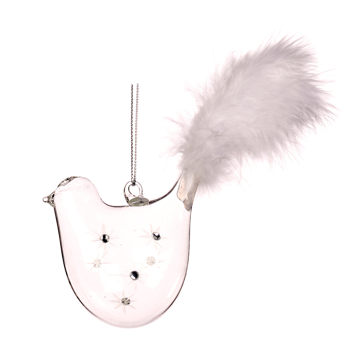 Ornament pasăre din sticlă cu pietre și pene, transparent/alb, 7 cm