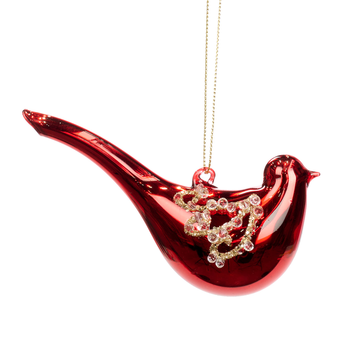 Ornament pasăre din sticlă, cu pietre și sclipici, roșu, 12 cm