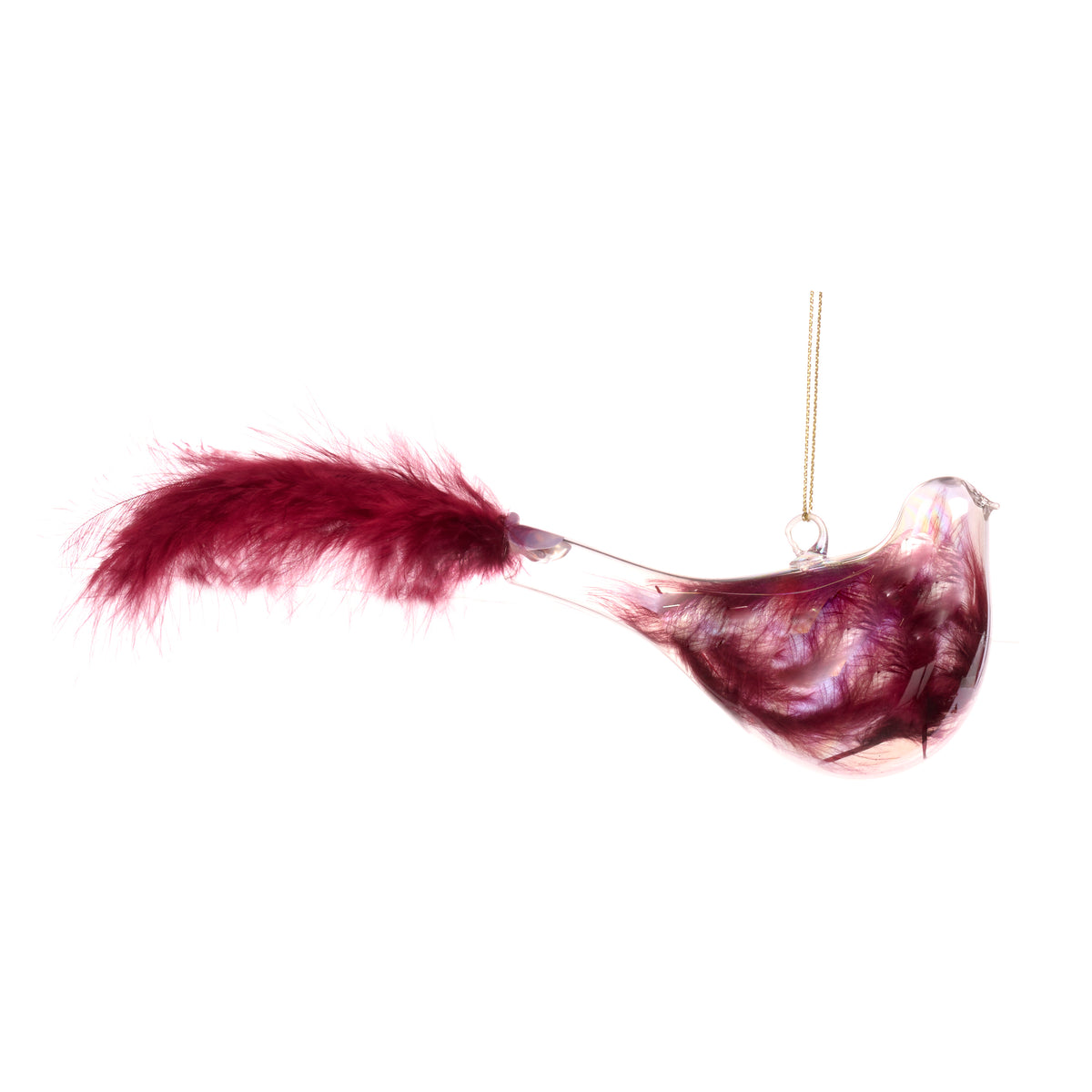 Ornament pasăre din sticlă irizată cu pene, burgund/roșu/transparent, 11 cm