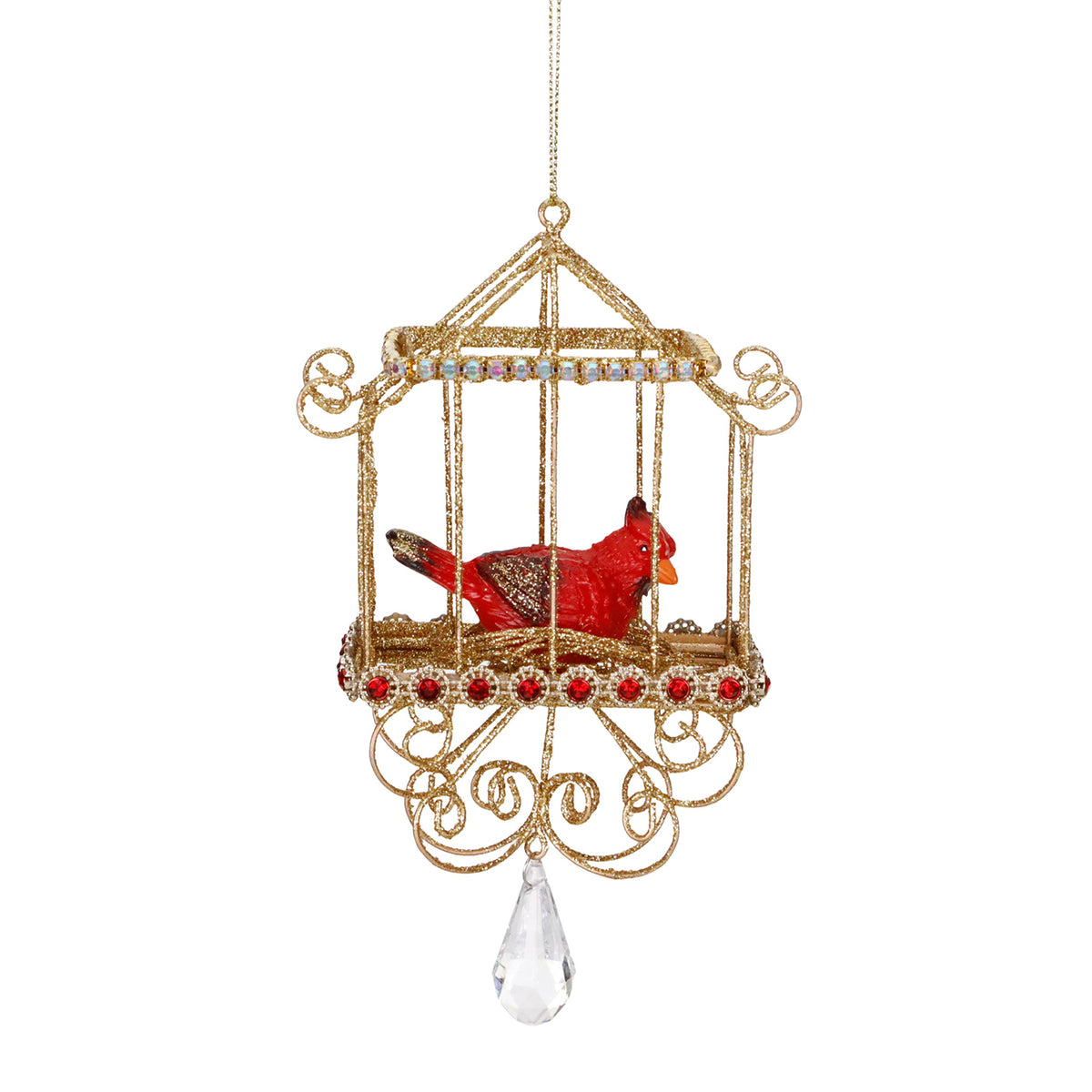 Ornament pasăre în colivie din sârmă metalică, auriu/roșu, 18 cm
