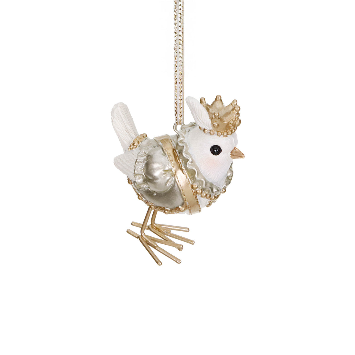 Ornament pasăre regală cu coroană, crem/șampanie/auriu, 7,5 cm