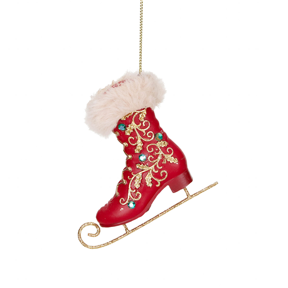 Ornament patină din blăniță, cu sclipici și pietre, roșu/auriu, 10 cm
