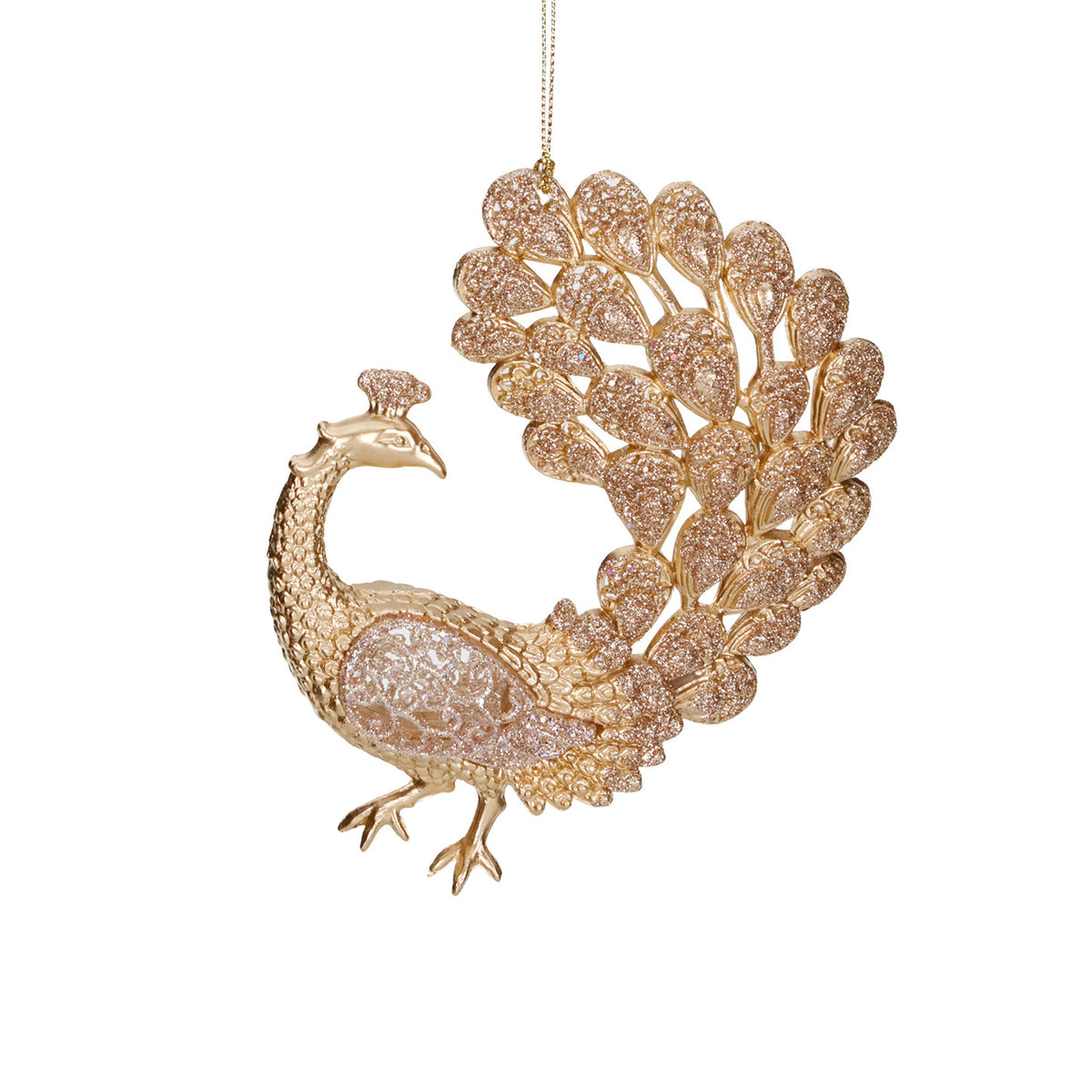 Ornament păun cu sclipici, de agățat, auriu/șampanie, 14 cm