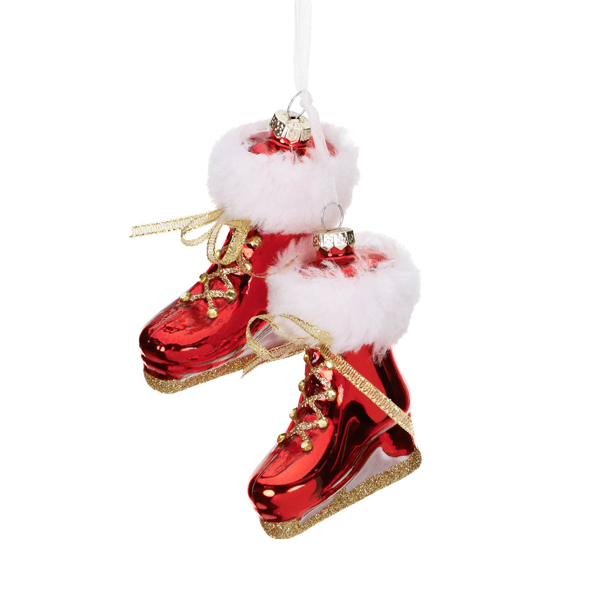 Ornament pereche de patine cu blăniță, din sticlă, roșu/alb/auriu, 14 cm