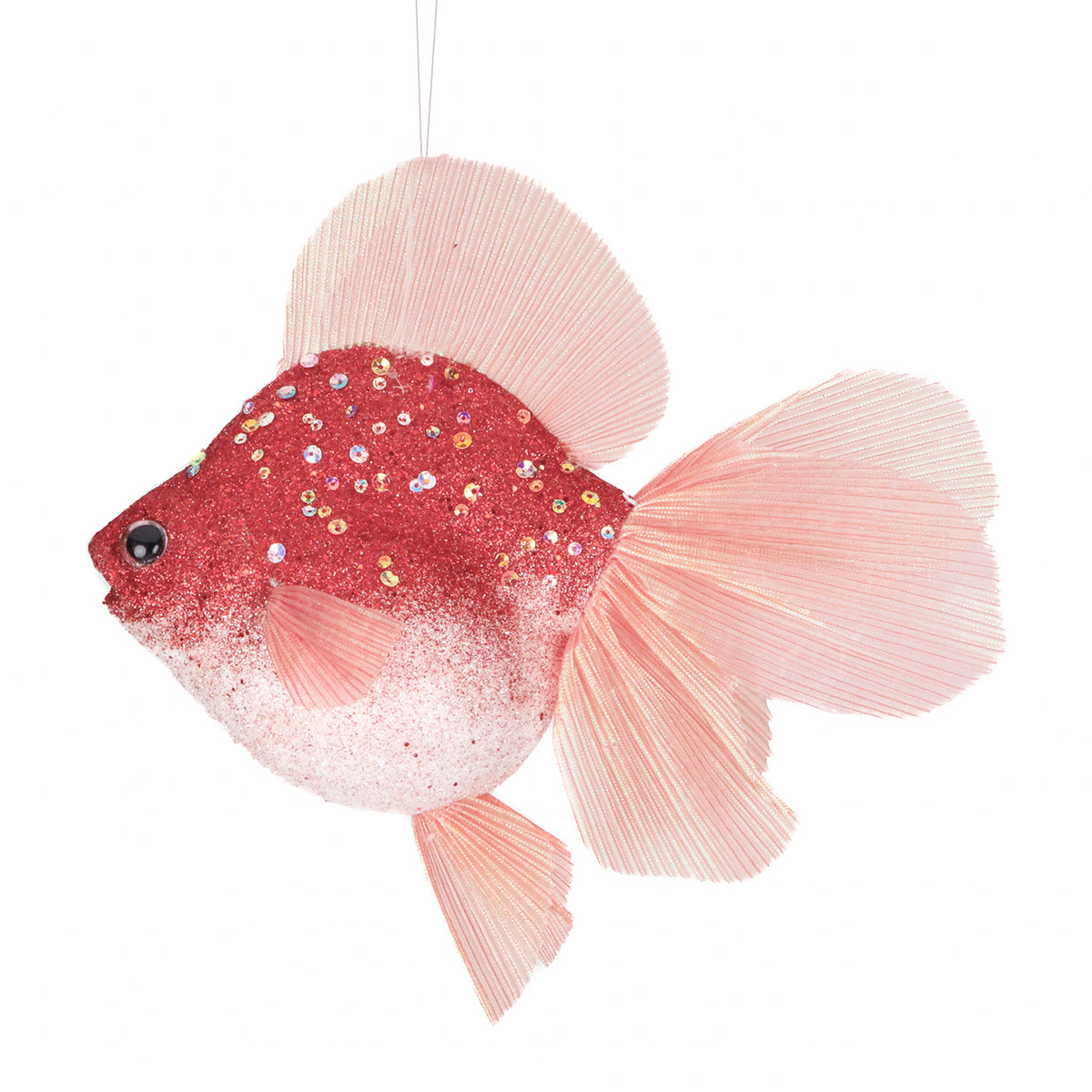 Ornament pește auriu din textil cu paiete și sclipici, roșu/portocaliu/roz, 20 cm