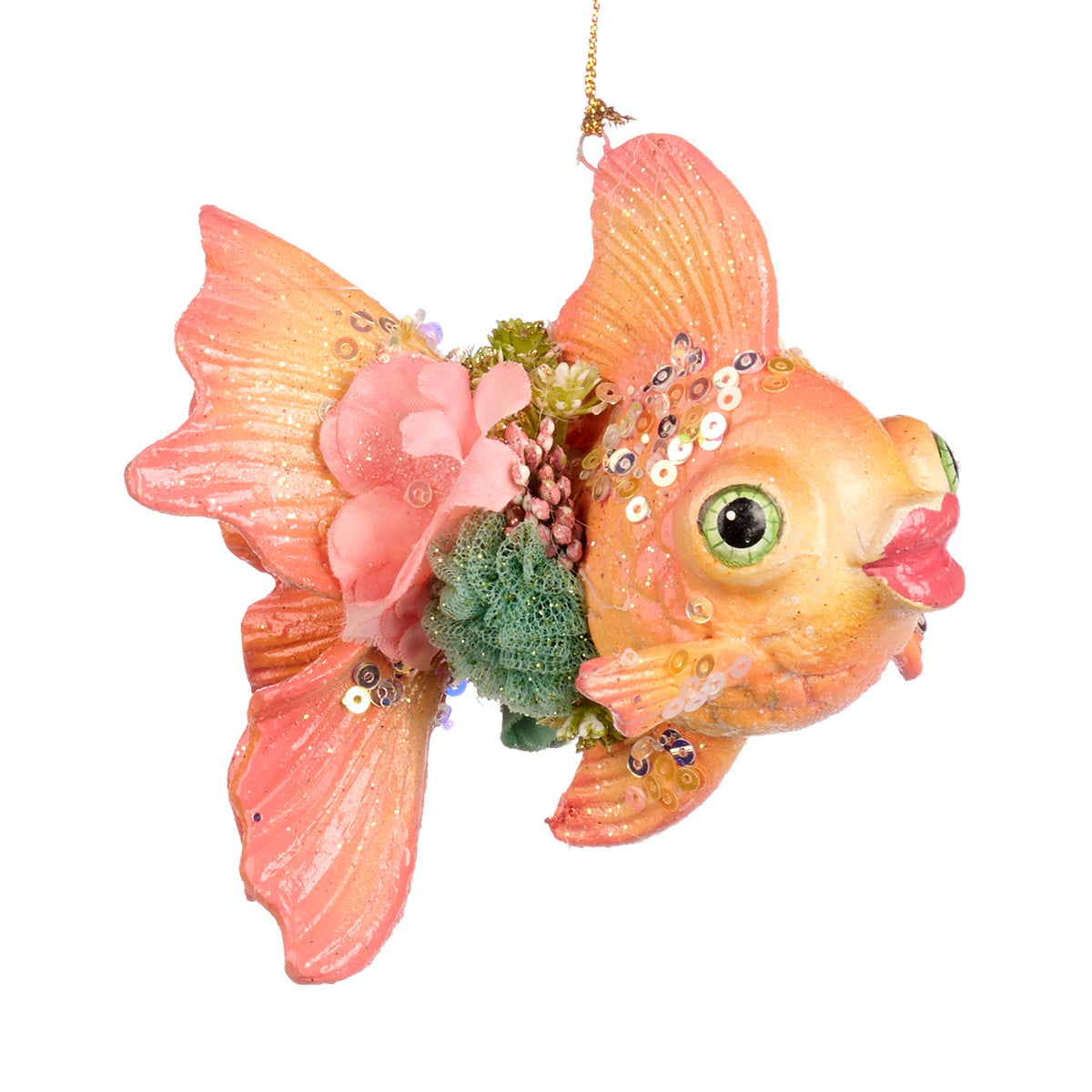 Ornament pește auriu telescop, roz/verde, 10 cm