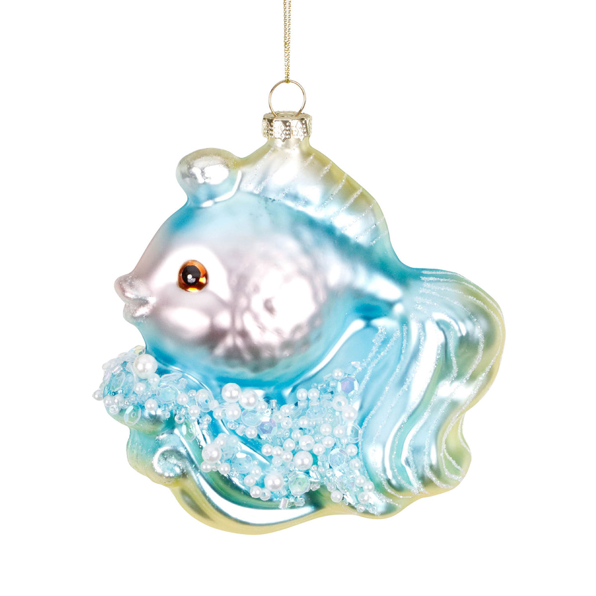 Ornament pește din sticlă cu paiete, albastru/roz/verde, 11,5 cm