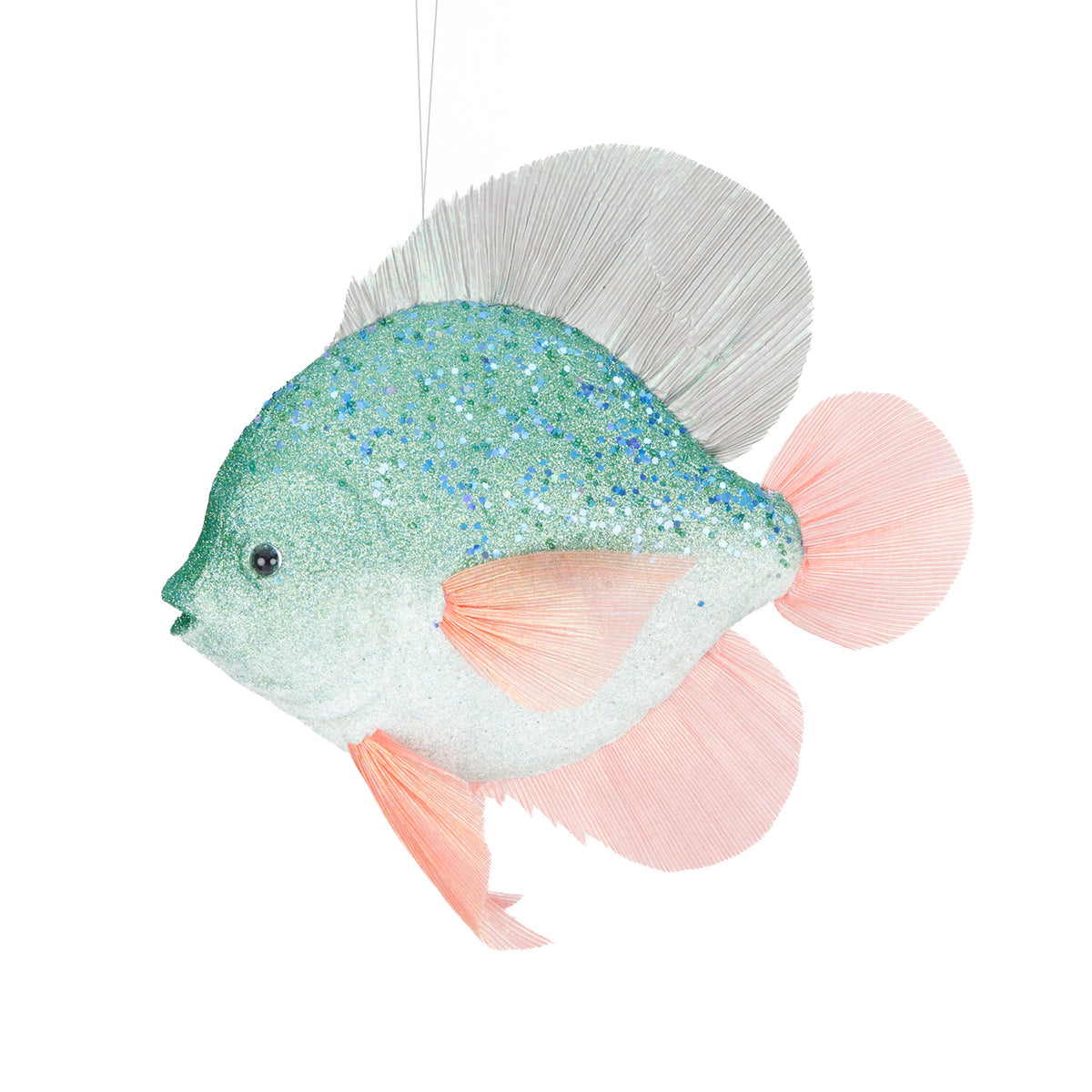 Ornament pește din textil cu paiete și sclipici, verde/roz, 36 cm