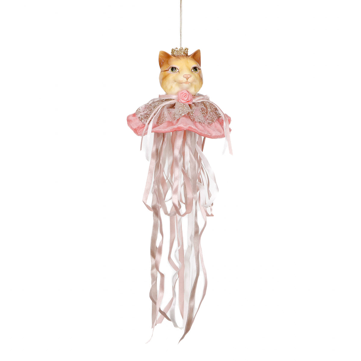 Ornament pisică cu ciucure din textil, roz deschis/maro, 36 cm