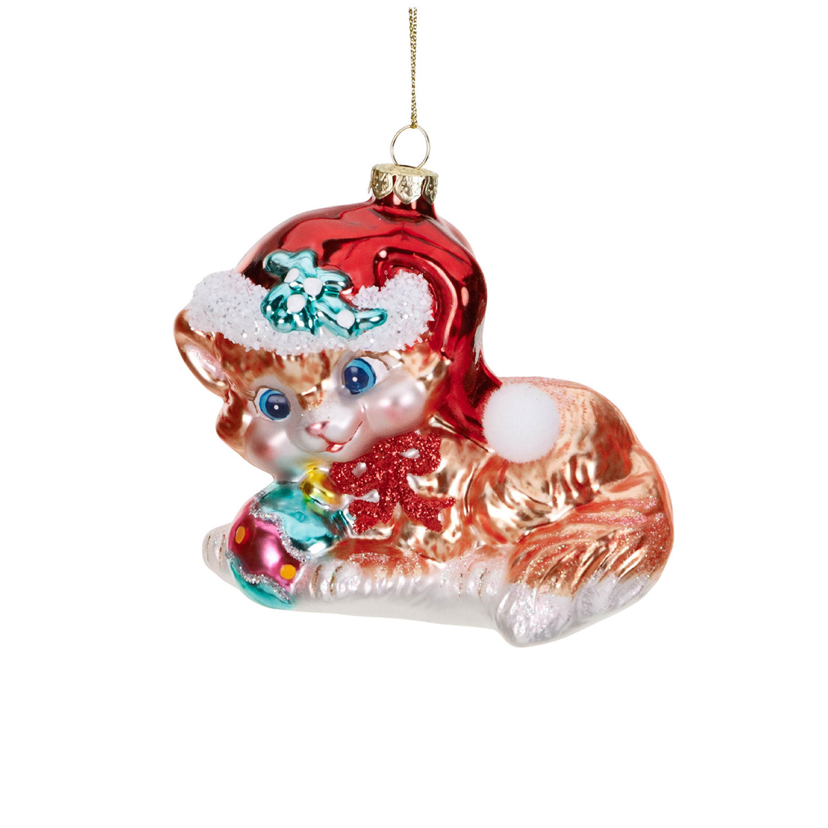 Ornament pisică retro cu minge, din sticlă, portocaliu/roșu/verde, 10 cm