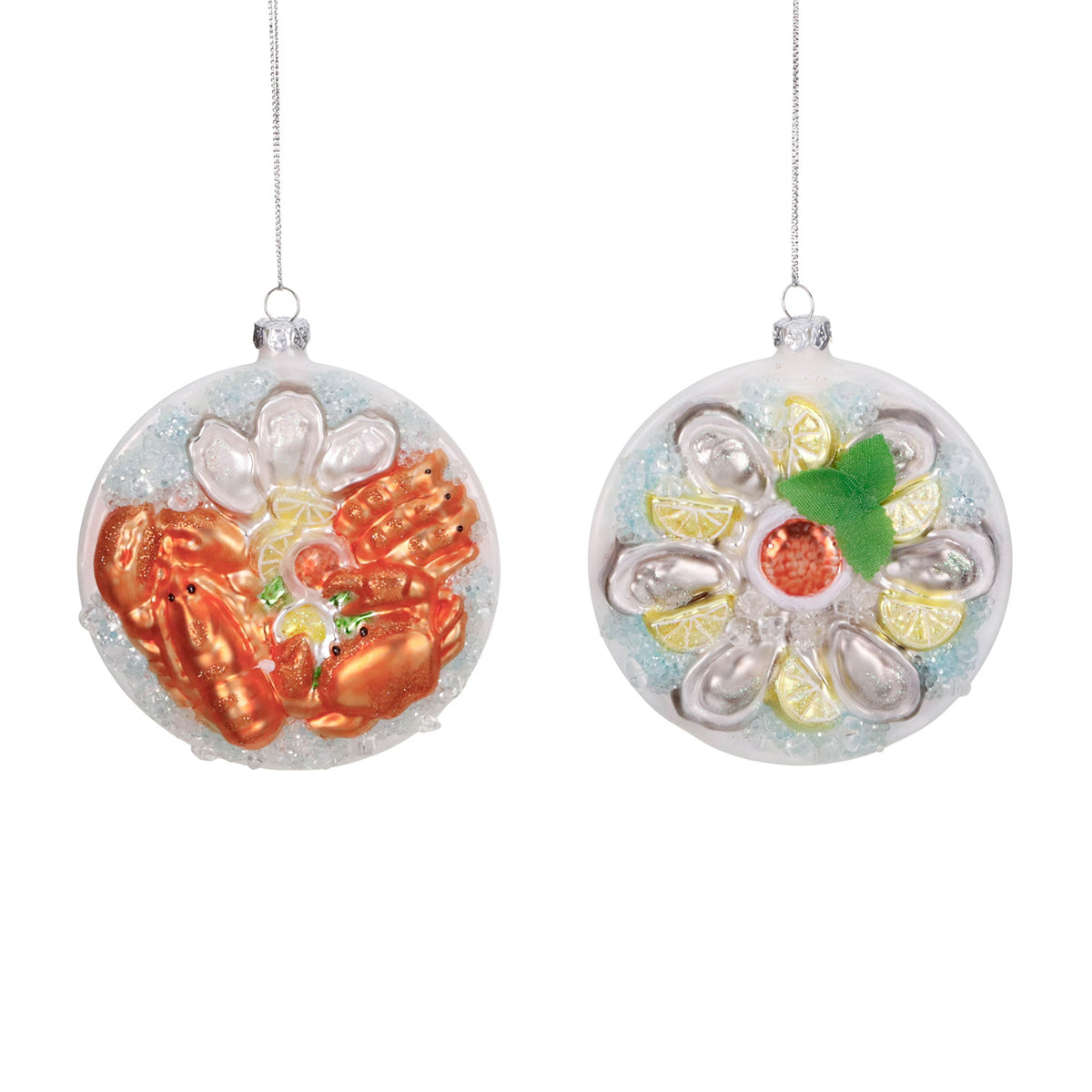 Ornament platou cu stridii și fructe de mare, din sticlă, alb/portocaliu, 10 cm