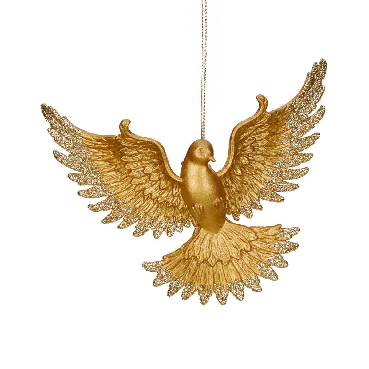 Ornament porumbel în zbor, cu sclipici, auriu, 14,5 cm