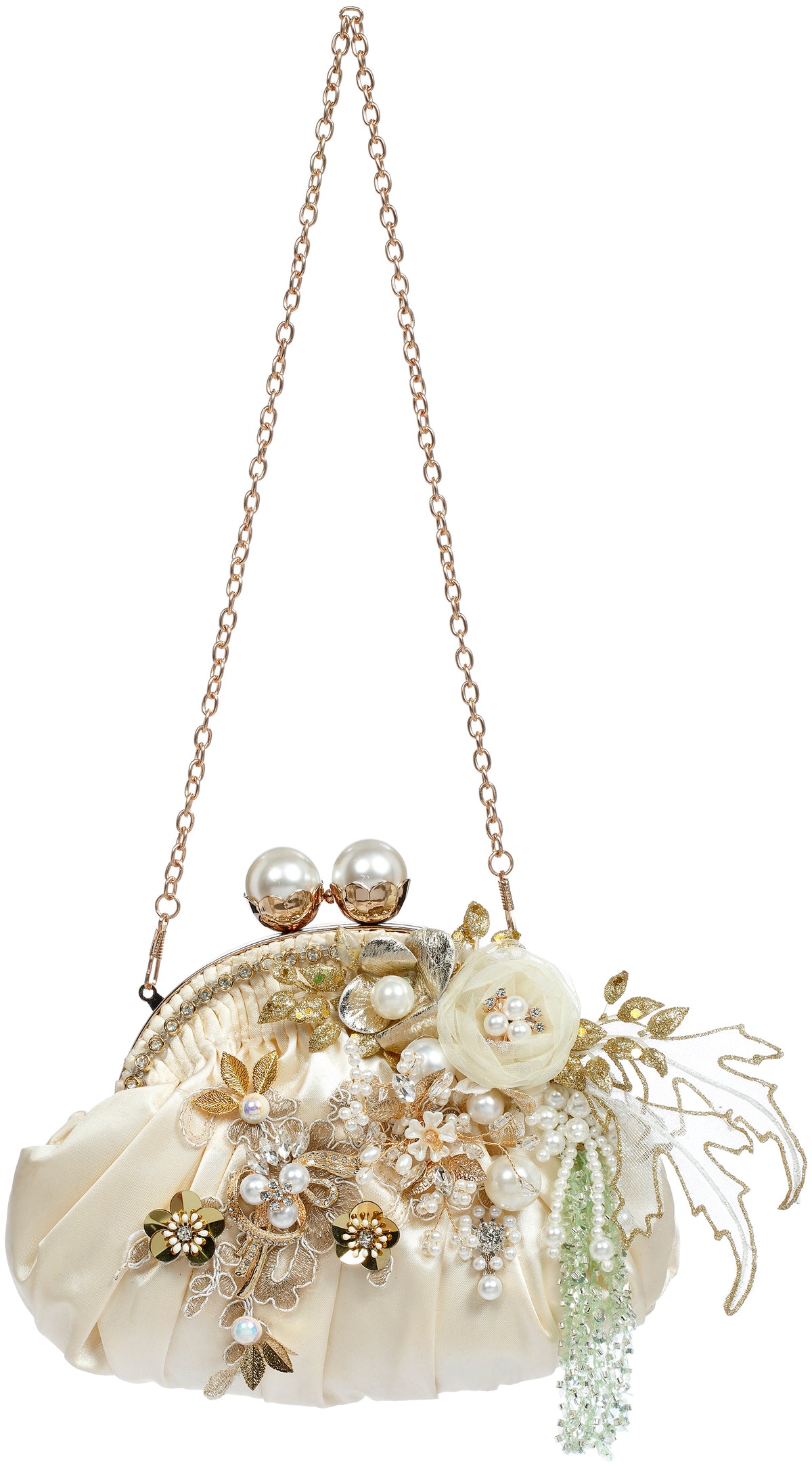 Ornament poșetă cu mărgele și perle, crem, 20,5 cm