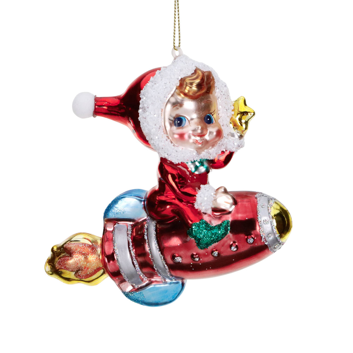 Ornament retro din sticlă cu Moș Crăciun și spiriduș ajutor pe rachetă, roșu/alb, 11,5 cm