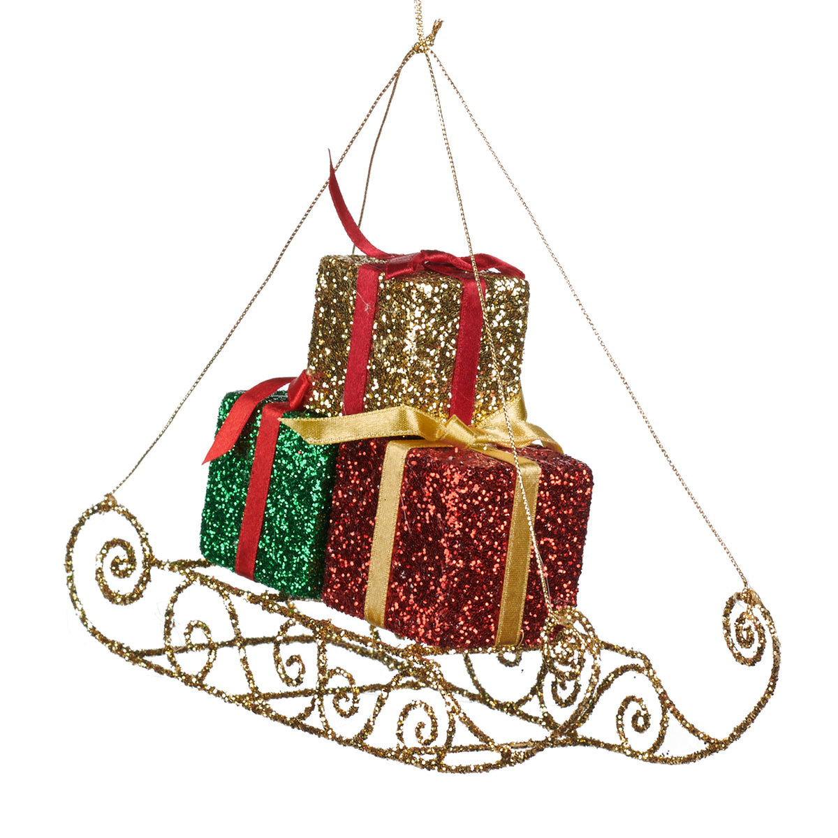 Ornament sanie din metal cu cadouri de Crăciun, auriu/roșu, 20 cm