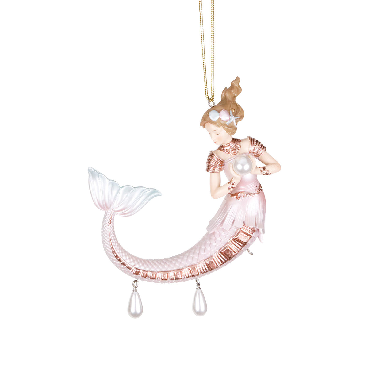 Ornament sirenă cu pandantiv de perle, roz/alb, 13 cm