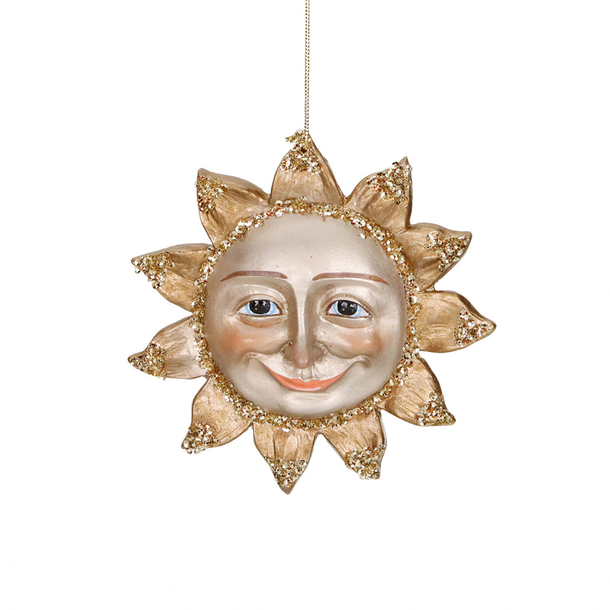 Ornament soare zâmbitor cu paiete și sclipici, șampanie/auriu, 15 cm