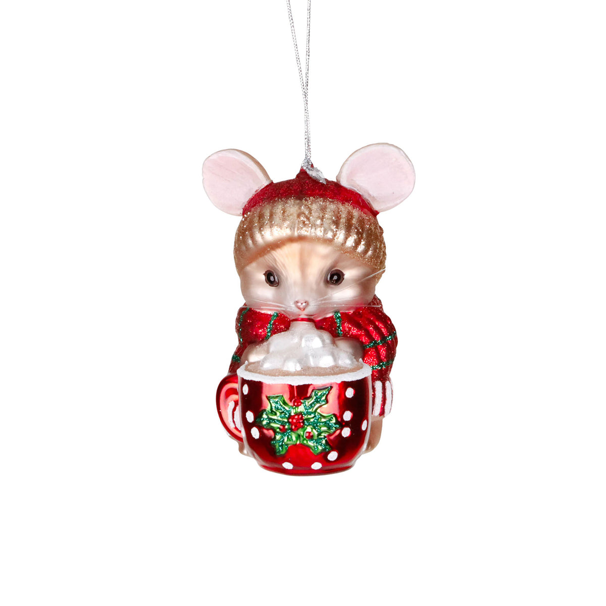 Ornament șoricel de Crăciun din sticlă cu cană, roșu/verde, 10 cm