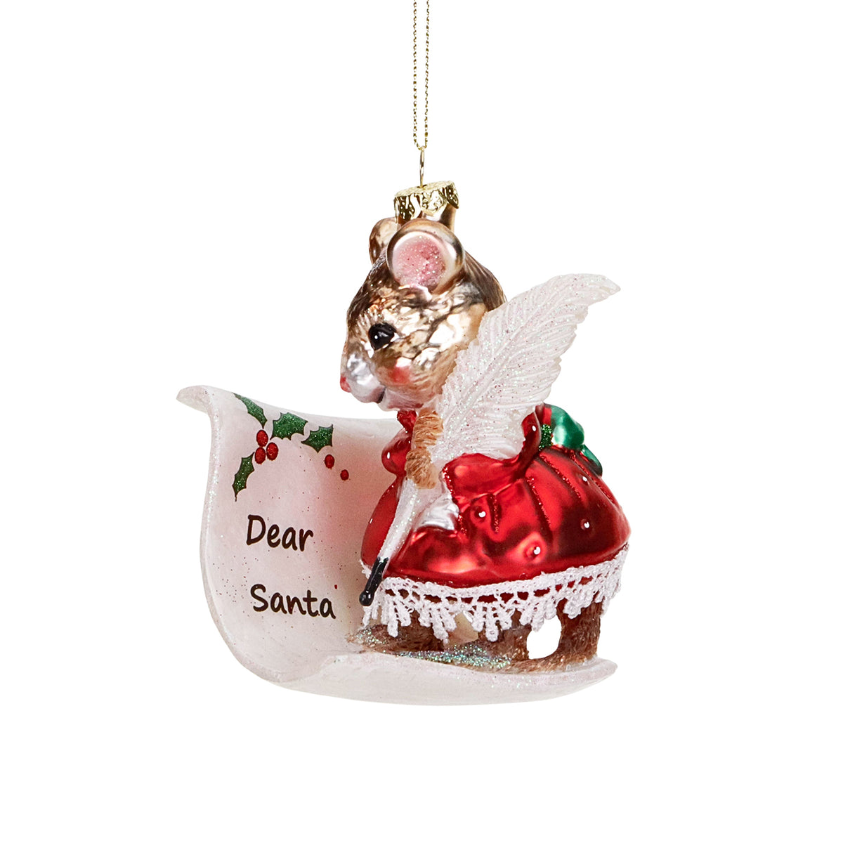 Ornament șoricel din sticlă care scrie scrisoarea de Crăciun, roșu/alb, 11 cm