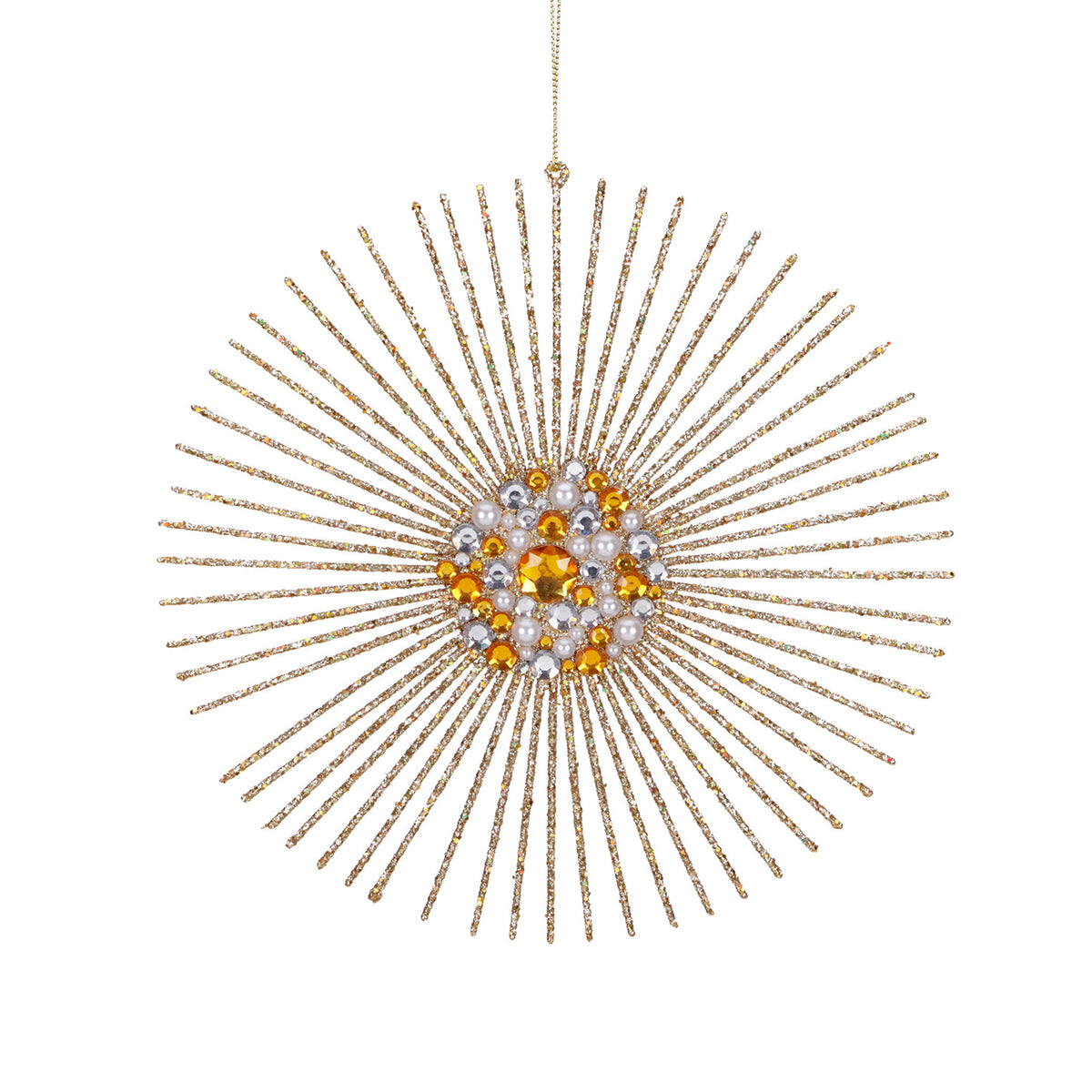 Ornament stea radiantă cu sclipici, pietre și perle, auriu, 20 cm