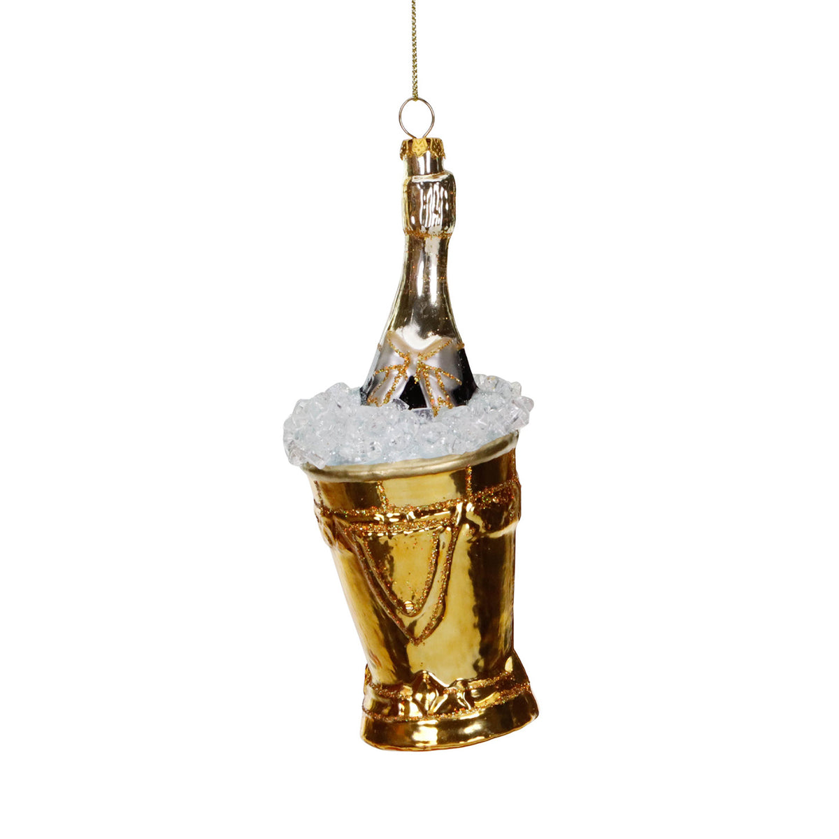 Ornament sticlă de șampanie în frapieră, din sticlă, auriu, 17 cm
