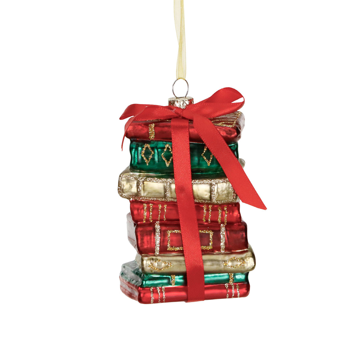 Ornament stivă de cărți cu fundă, din sticlă, roșu/verde, 11,5 cm