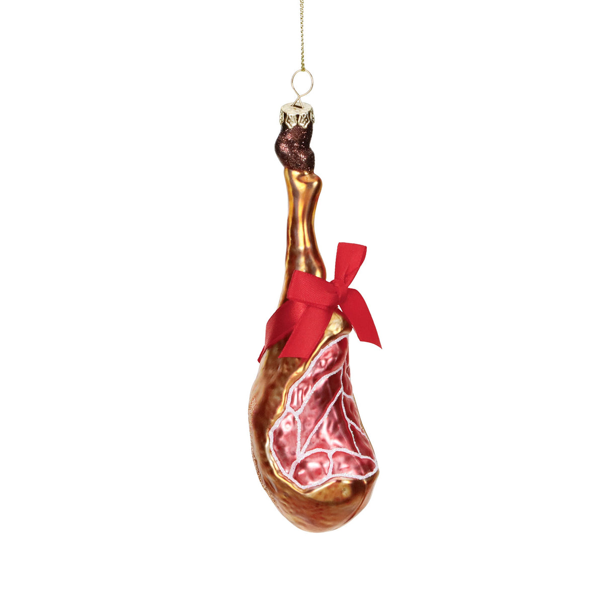 Ornament șuncă de Crăciun din sticlă, maro/roșu, 14 cm