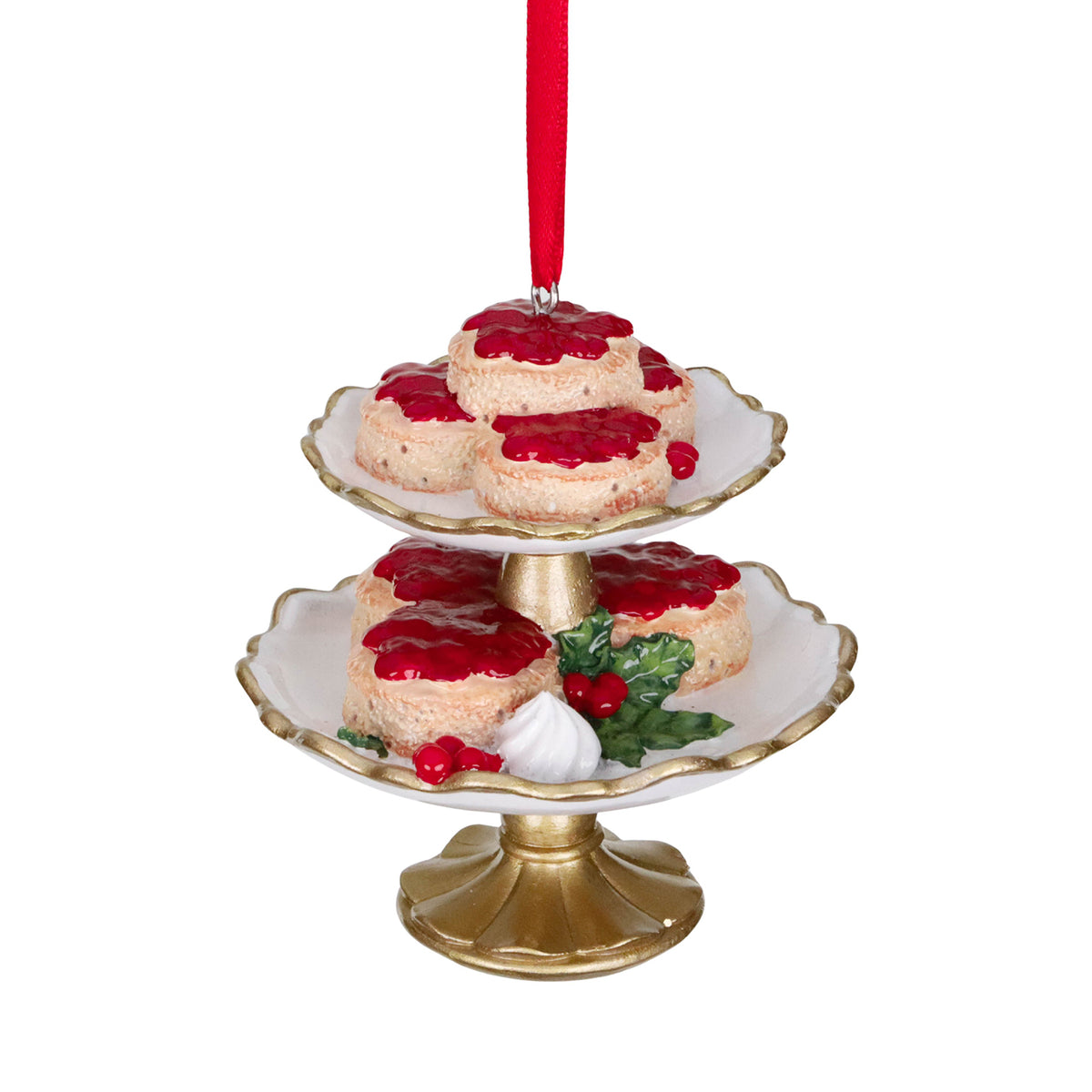 Ornament suport de tort cu scones, crem/roșu, 9 cm