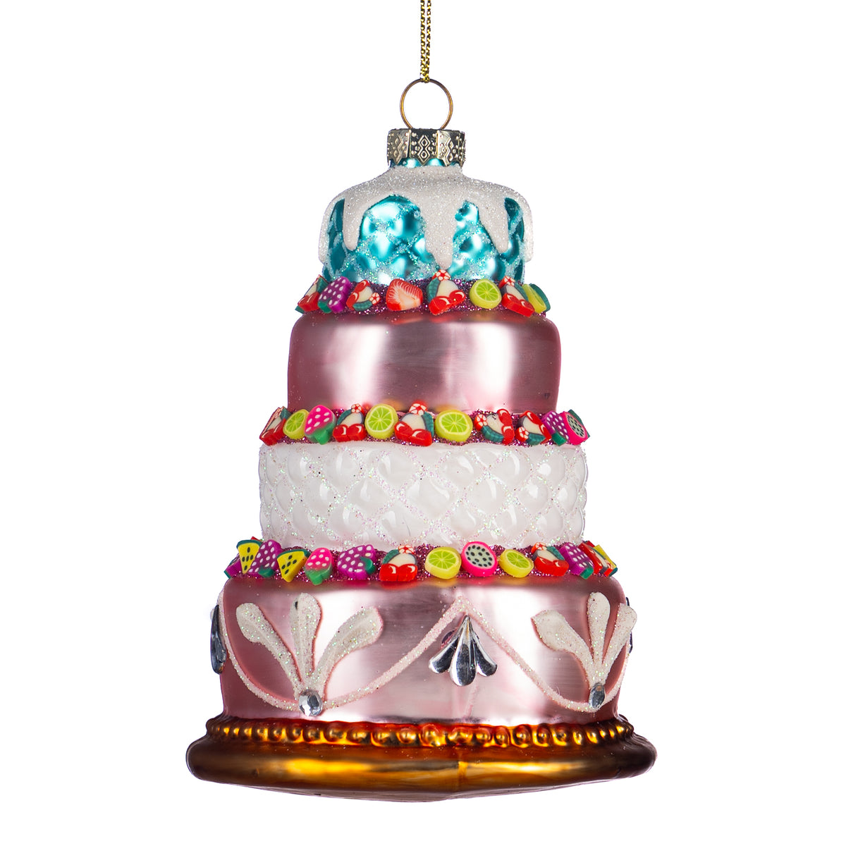 Ornament tartă cu fructe din sticlă, alb/roz/albastru, 12,5 cm