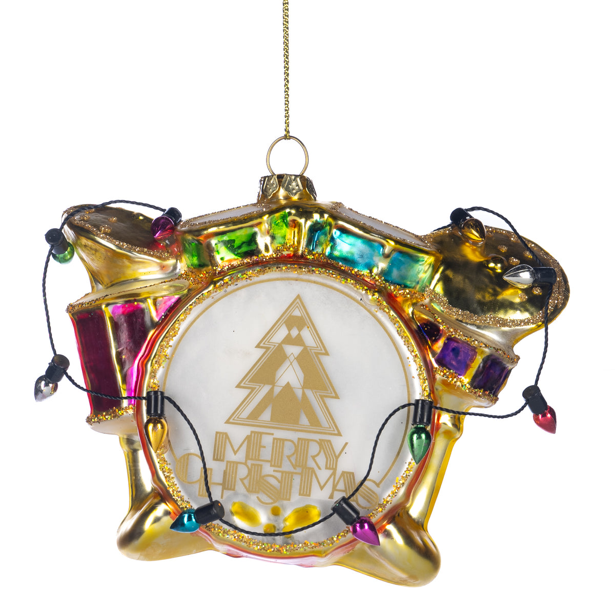 Ornament tobă „Merry Christmas” din sticlă, multicolor/auriu, 10 cm