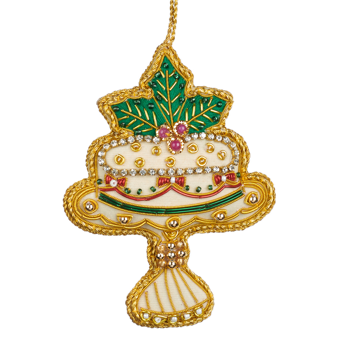 Ornament tort de Crăciun pe suport, brodat cu mărgele, crem, 11,5 cm