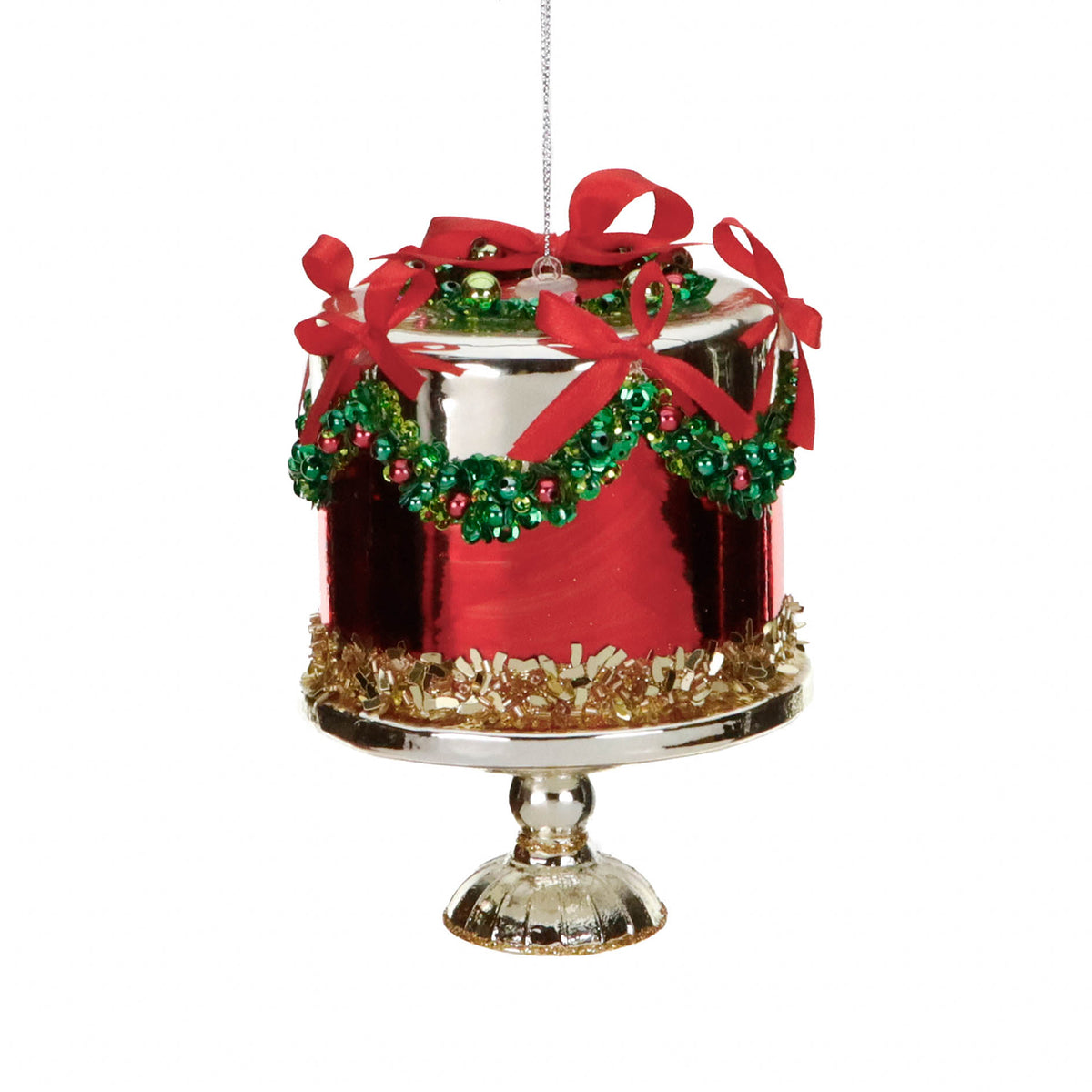 Ornament tort de Crăciun pe suport, din sticlă, roșu/verde/auriu, 12,5 cm
