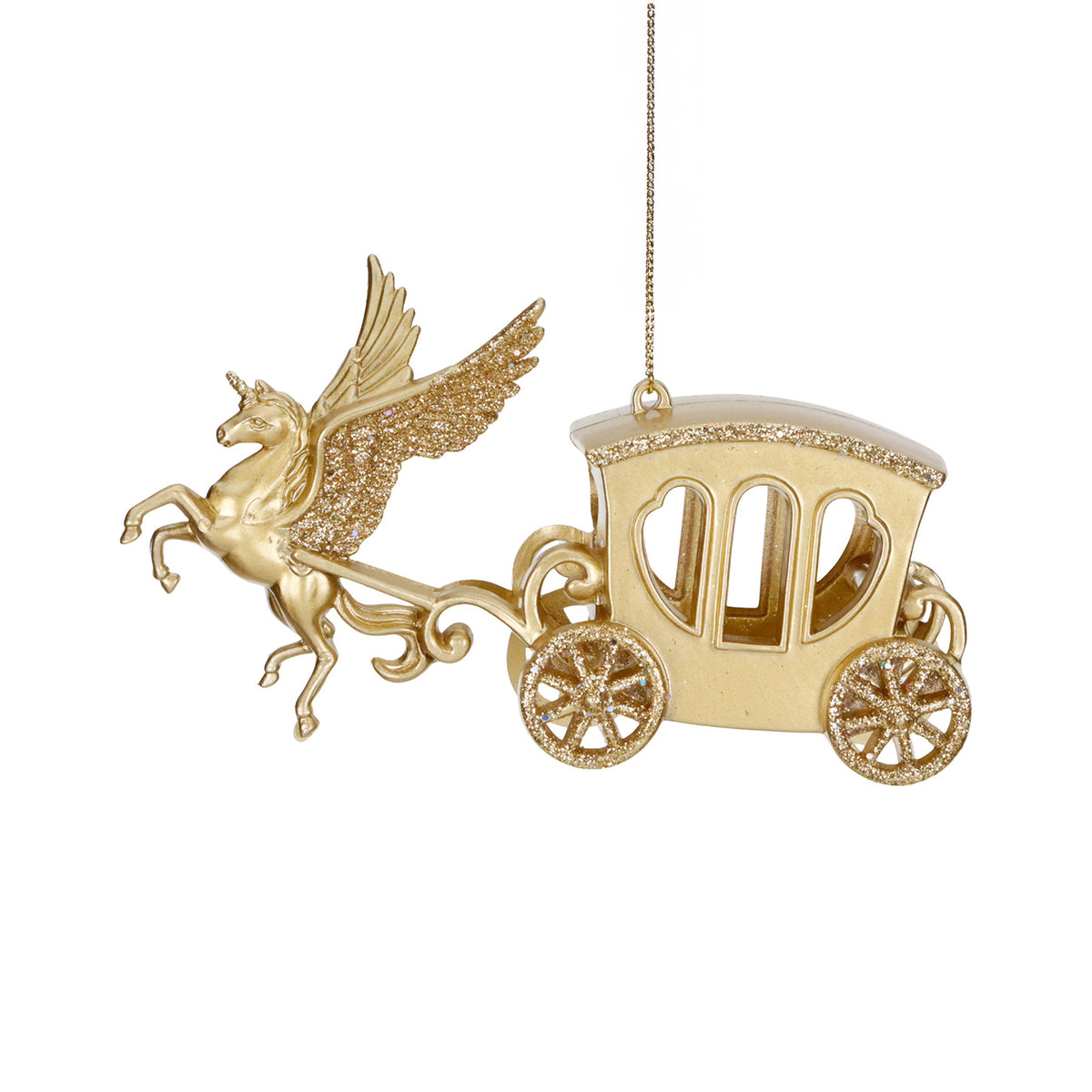 Ornament trăsură cu unicorn zburător, cu sclipici, auriu, 15 cm