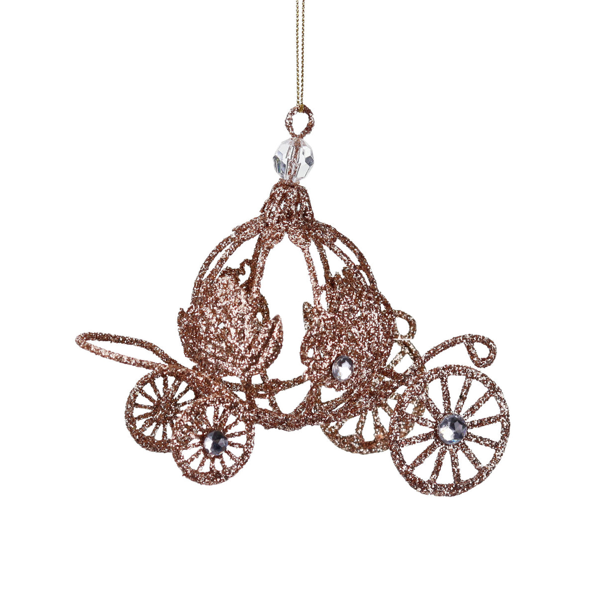 Ornament trăsură din sârmă metalică cu sclipici și pietre, șampanie, 13 cm